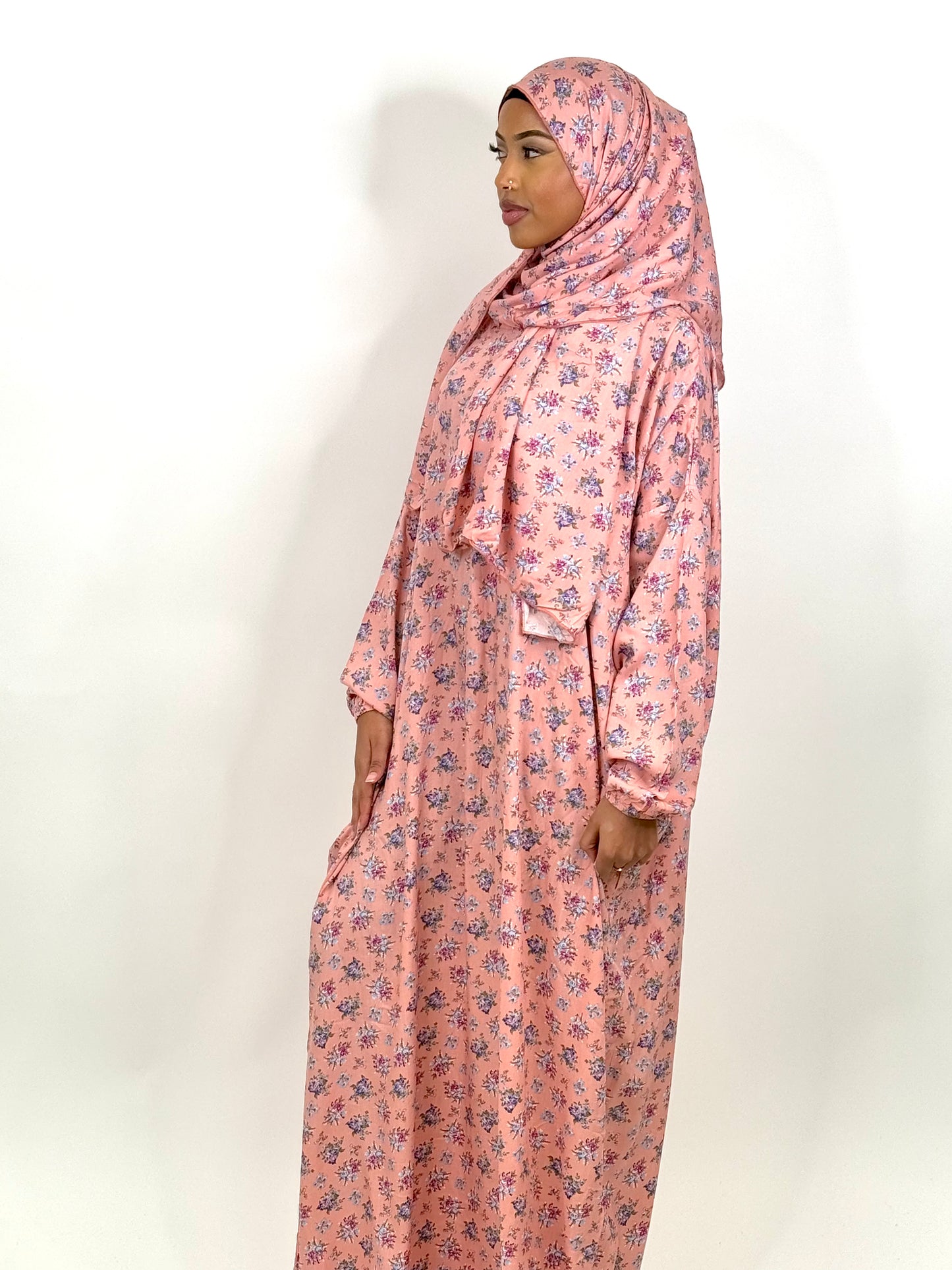 Coral pink floral one piece islamic prayer dress