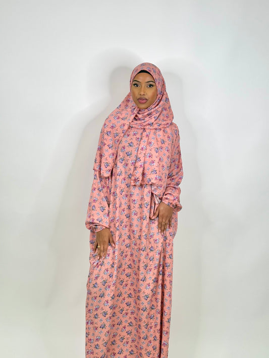 Coral pink floral one piece islamic prayer dress