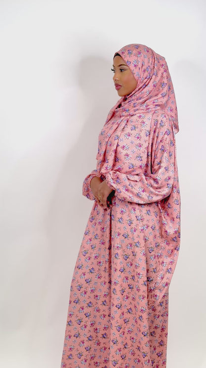 Coral pink floral one piece islamic prayer dress